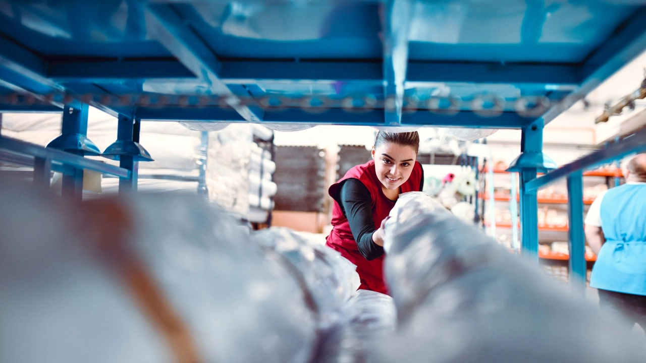 Textilarbeiterin, die Stoffrollen im Lager lagert
